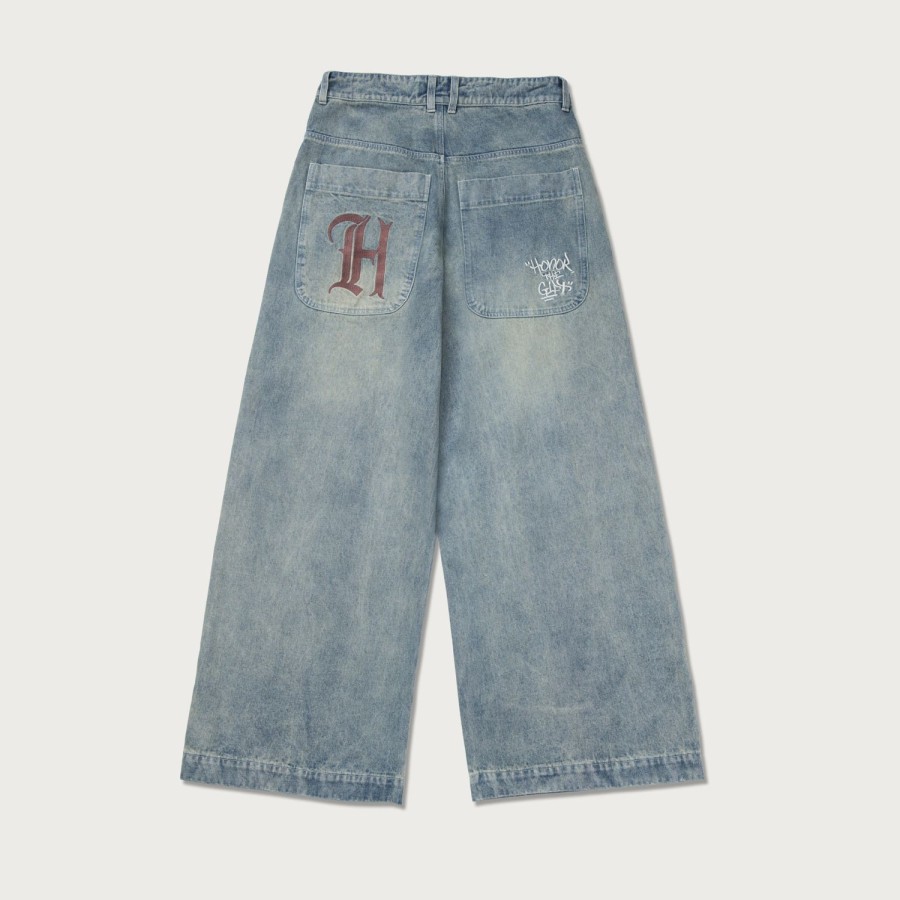 Honor The Gift | Wide Leg Stamped Denim Pant - Lt. Indigo